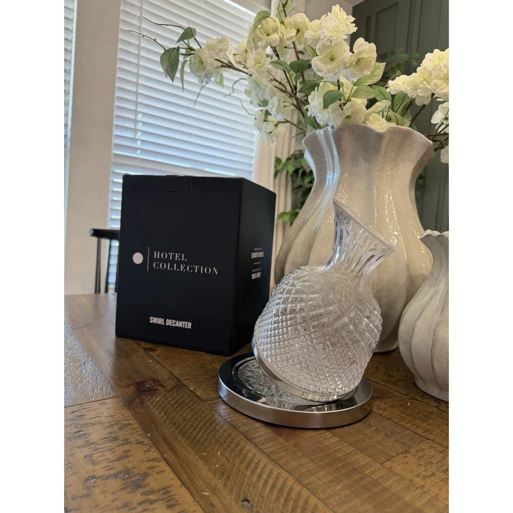 Hotel Collection Swirl Crystal Wine Decanter w/ Rotating Base | New | $99 MSRP